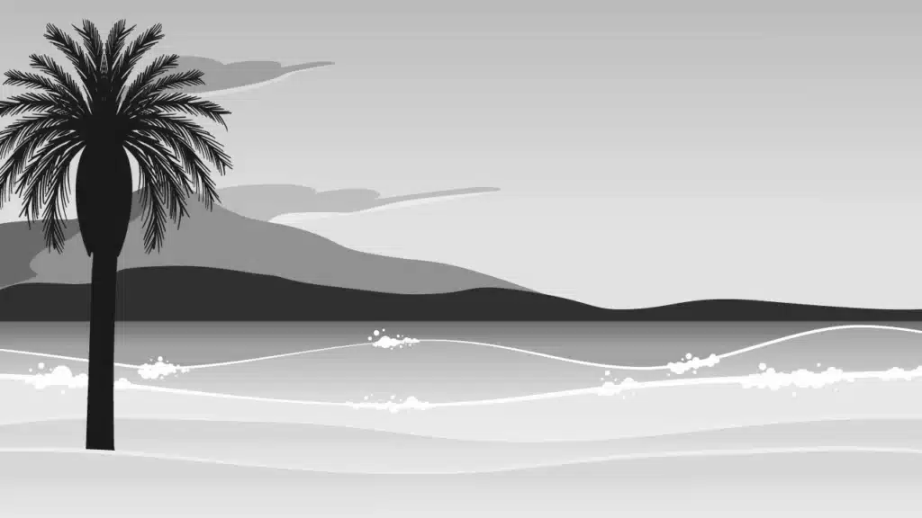 Black and white digital illustration of a beach scene with a palm tree in the foreground, gentle ocean waves, and distant mountains under a cloudy sky.