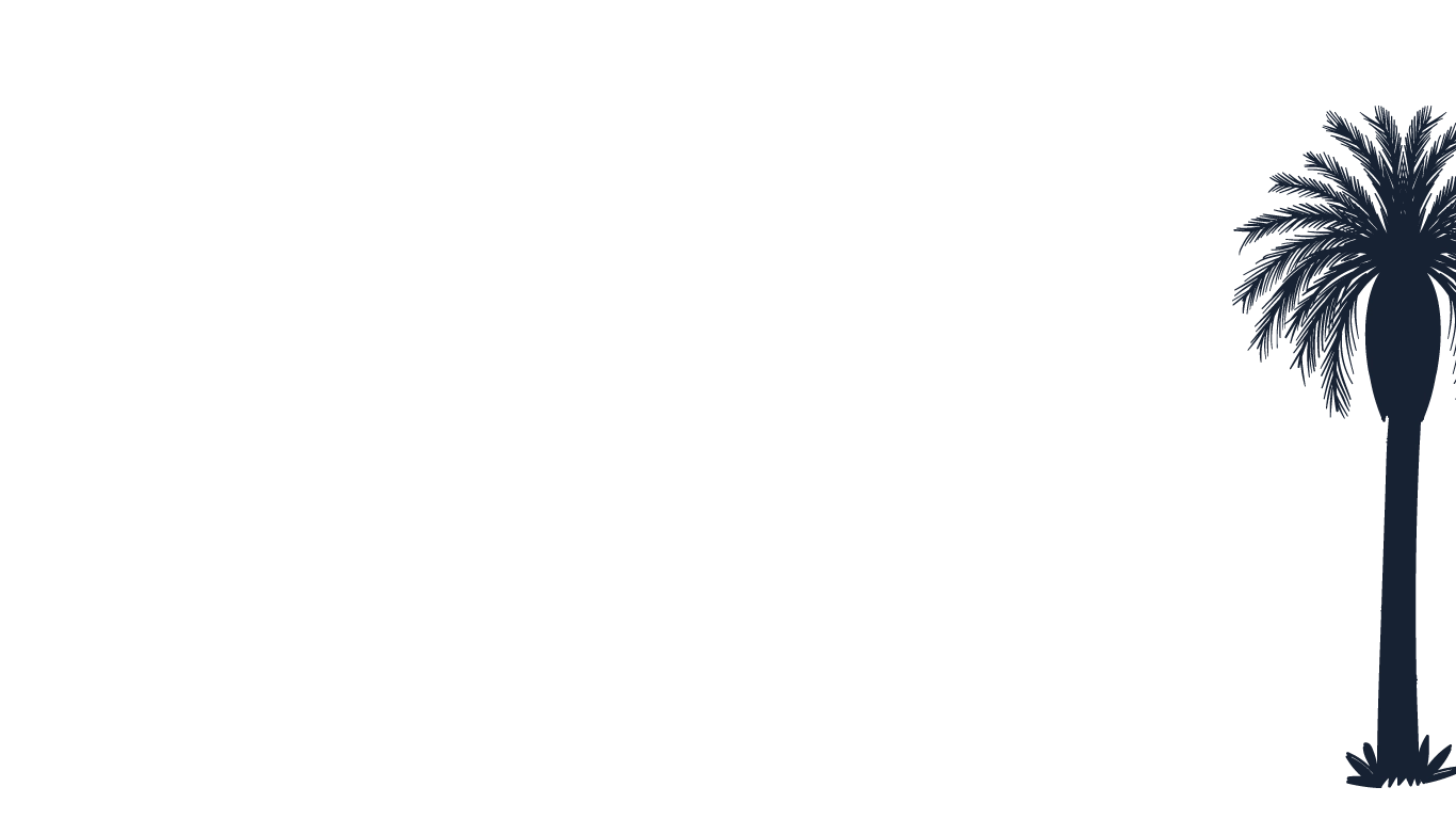 Black silhouette of a palm tree on the right side with a long trunk and spread-out fronds.