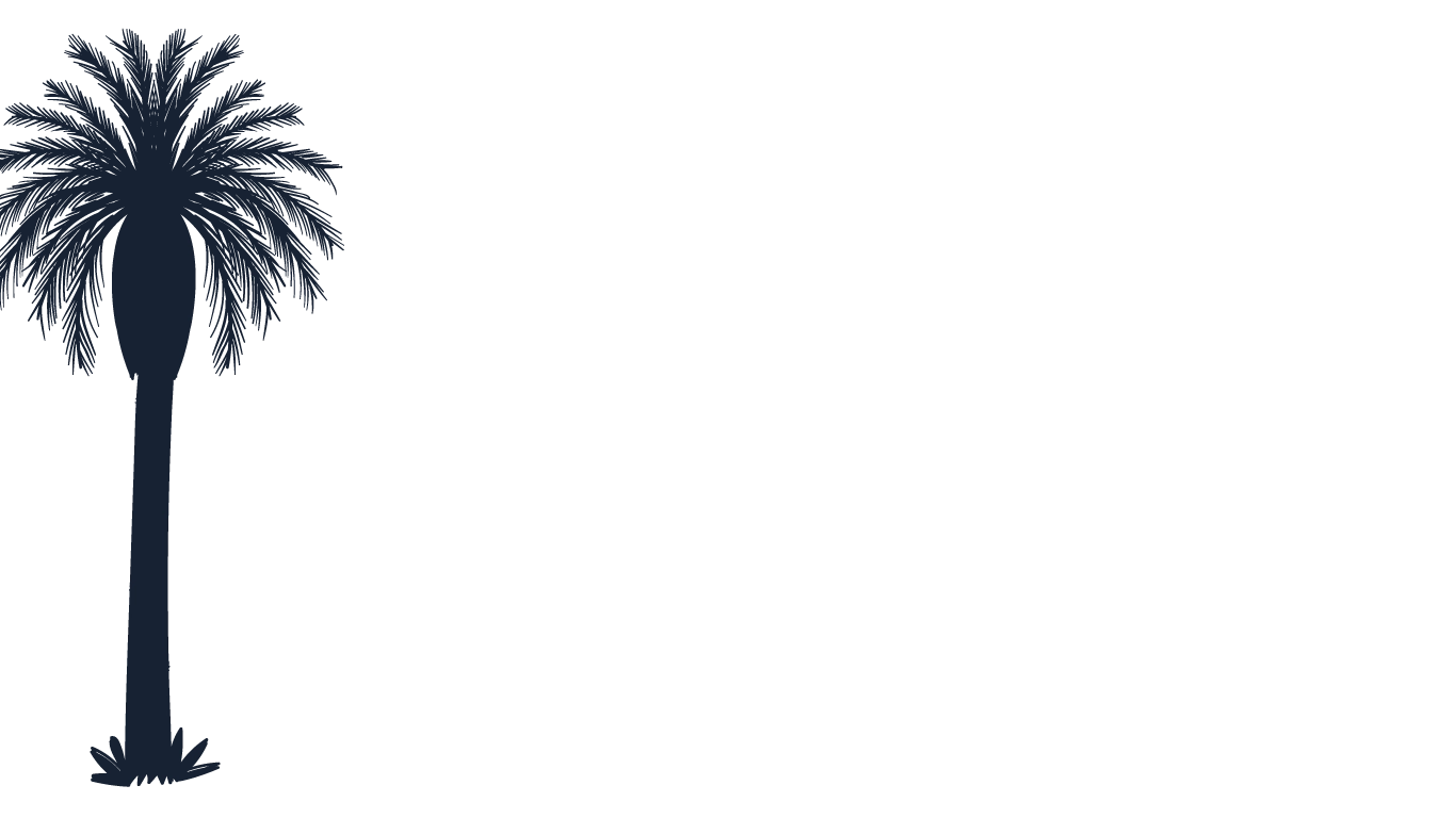 Black silhouette of a palm tree on the left side with a long, slender trunk and full fronds.