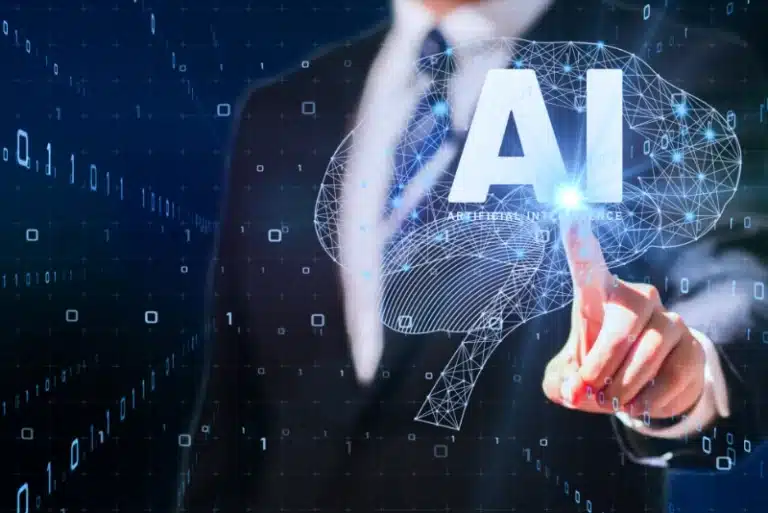 Businessman in suit interacting with digital AI interface shaped like a brain, surrounded by binary code elements.