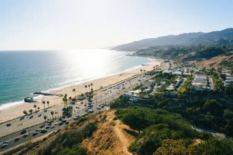 A high-angle view of Pacific Palisades, California, showing the coastline with a sandy beach, Pacific Ocean waves, palm-lined Pacific Coast Highway, and hillside homes under a clear blue sky.