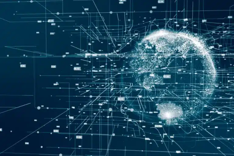 Abstract digital globe with data points and network lines – representing AI-powered web, machine learning, and online information architecture.