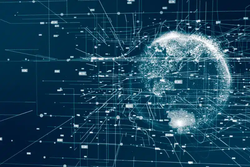 Abstract digital globe with data points and network lines – representing AI-powered web, machine learning, and online information architecture.