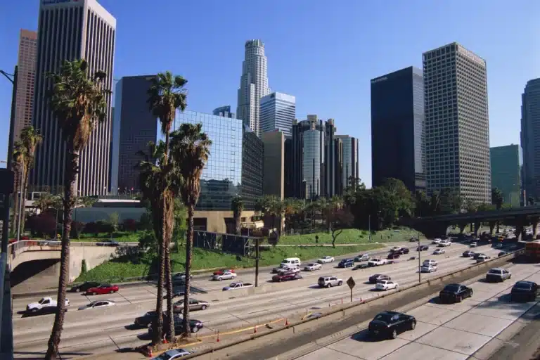 Downtown Los Angeles skyline with tall skyscrapers, palm trees, and highway traffic on a sunny day in East Los Angeles.