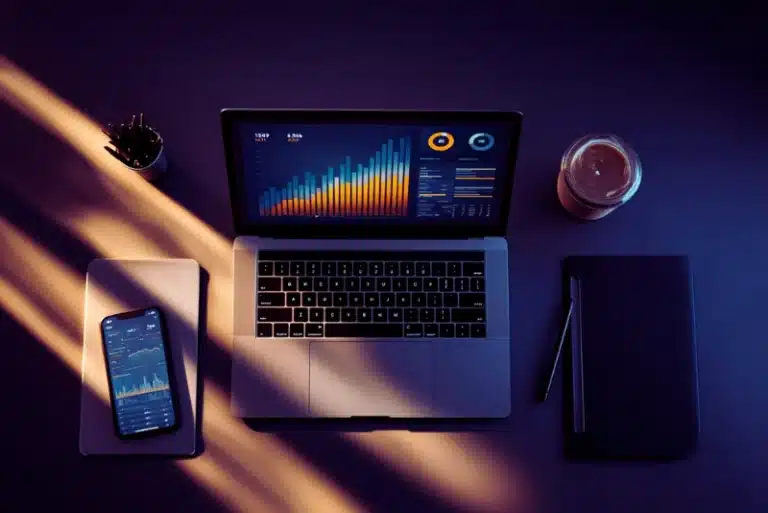 Laptop and smartphone showing social media analytics and growth charts on a marketing professional’s desk.