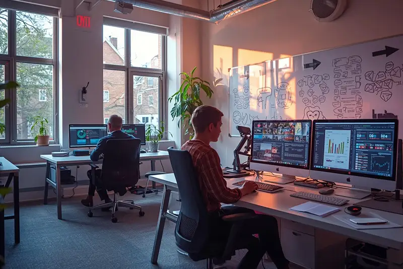 Marketing agency professionals discussing digital strategy to help a business grow in 2026.